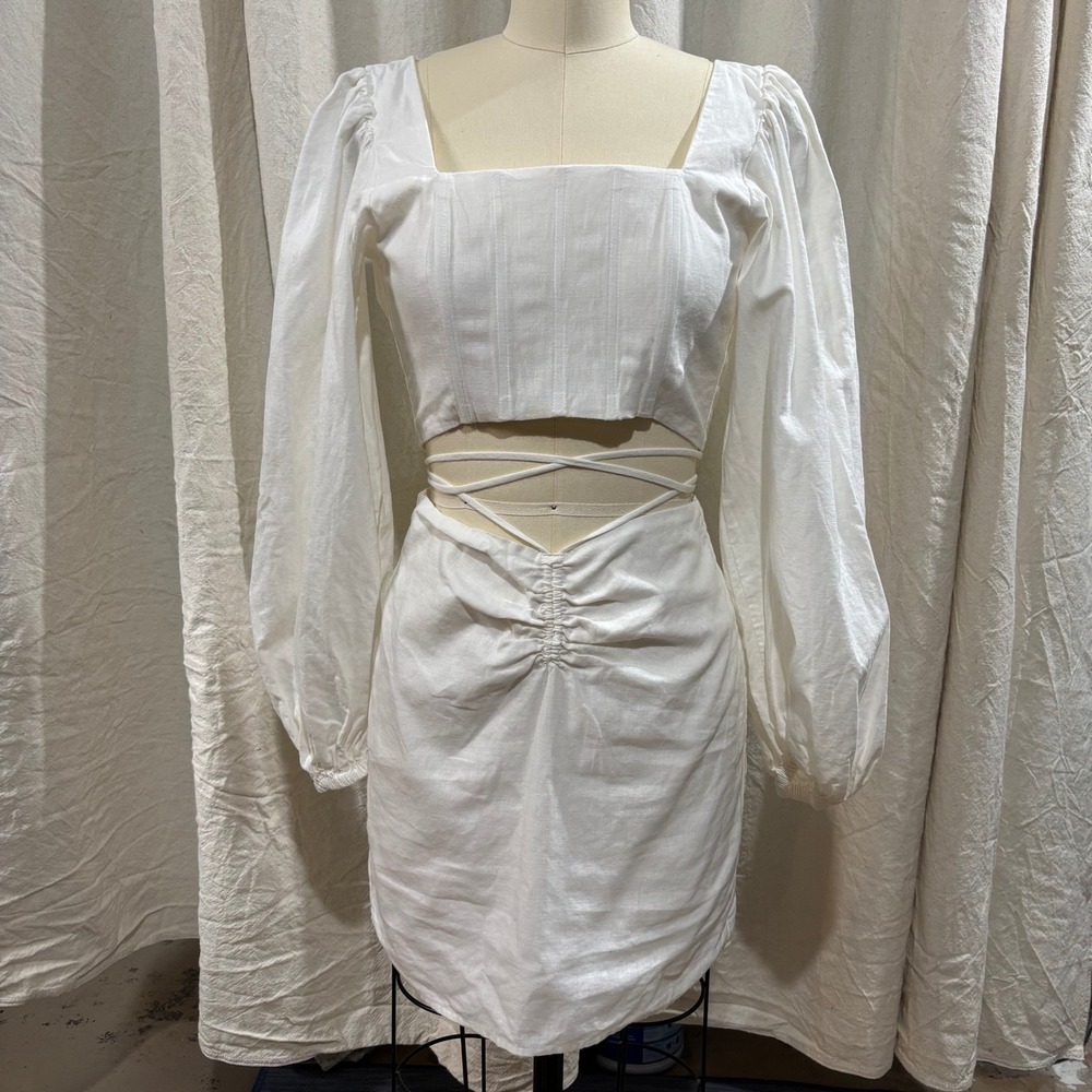 Sabo Skirt White Linen Blend Cutout Puff Sleeve Mini Dress Size S USA 4